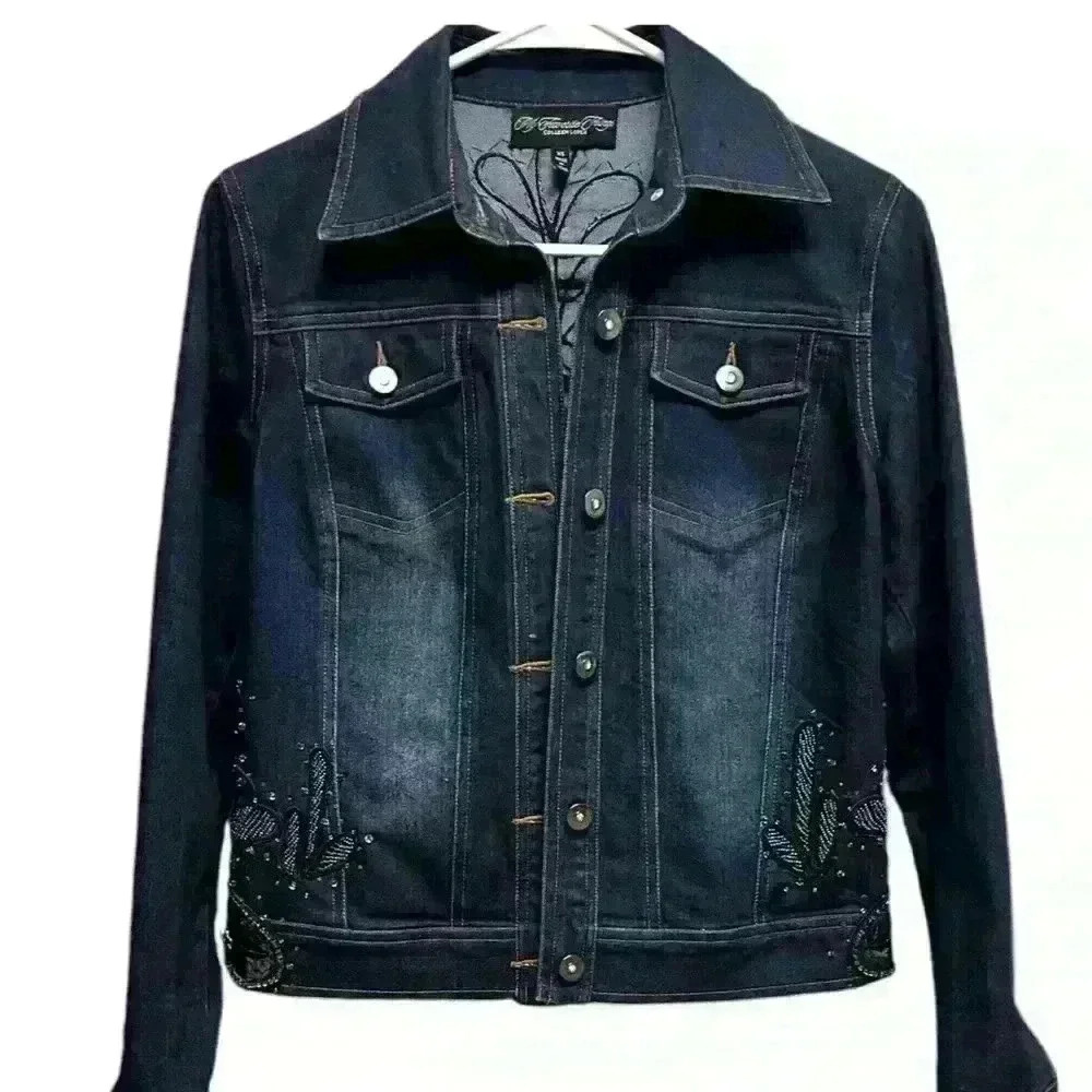 Denim Jacket Hand Embroidered and Beaded by Colleen Lopez. New No Tags - Picture 2 of 11